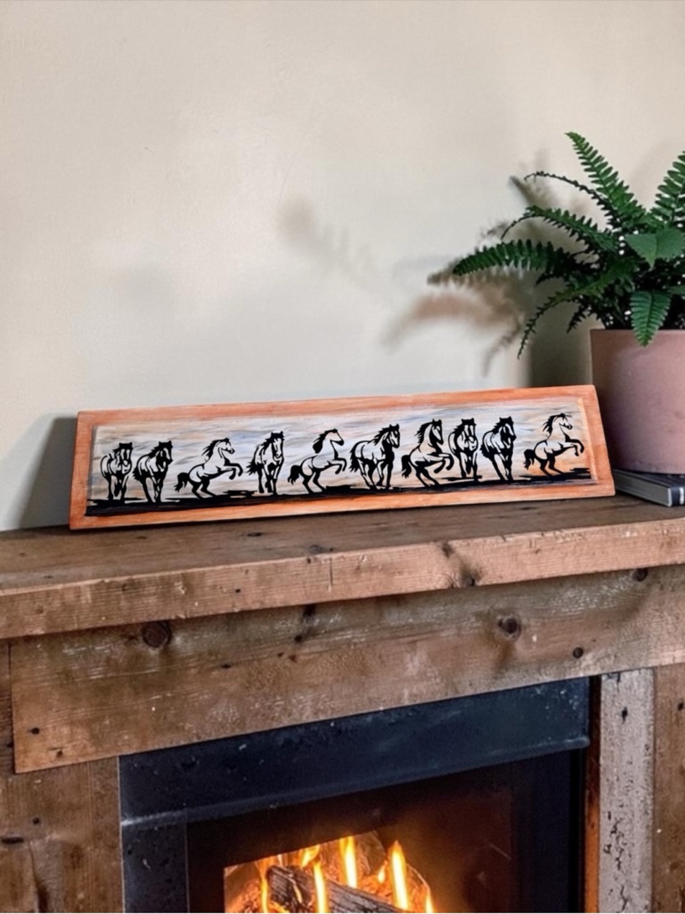 Hand Painted Running Horses Silhouette Wall Art Reclaimed Wood Frame 37x8